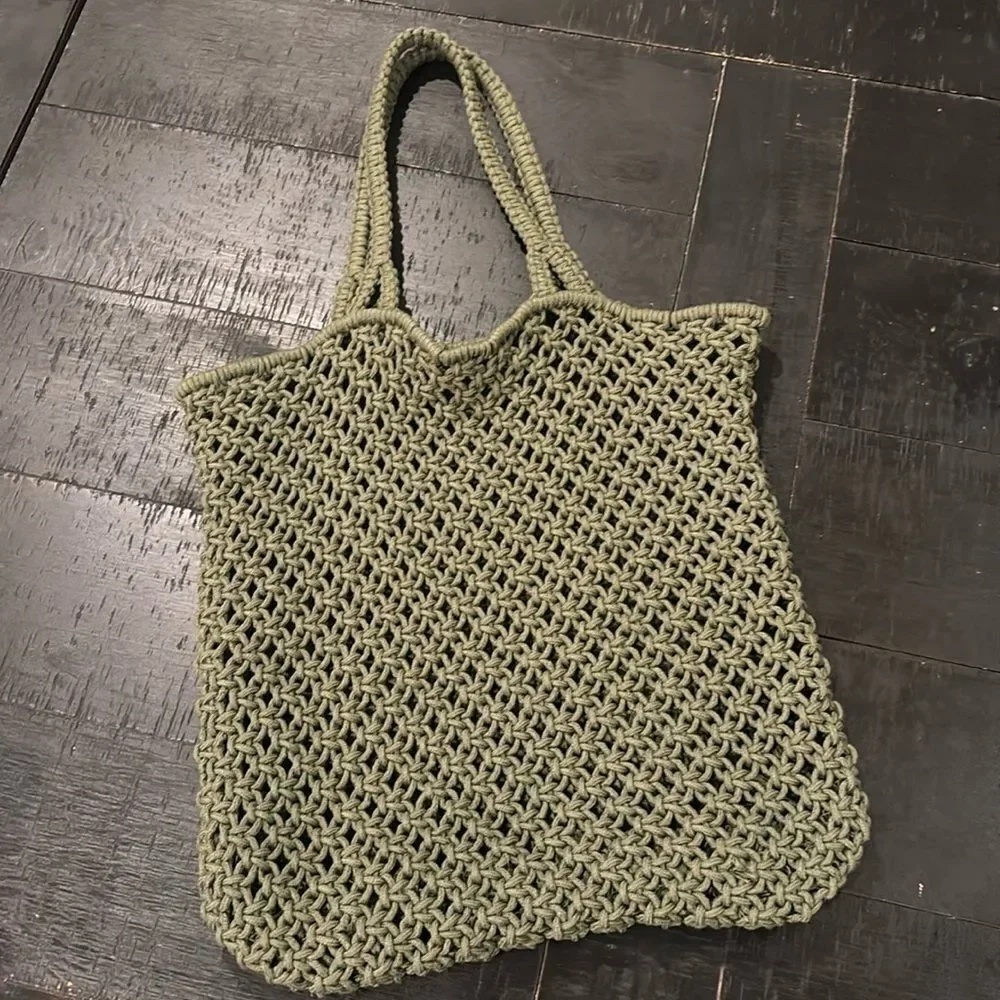 Army Green Open Knit Rope Beach Bag Boho Cottagecore Tote Bag​​​​